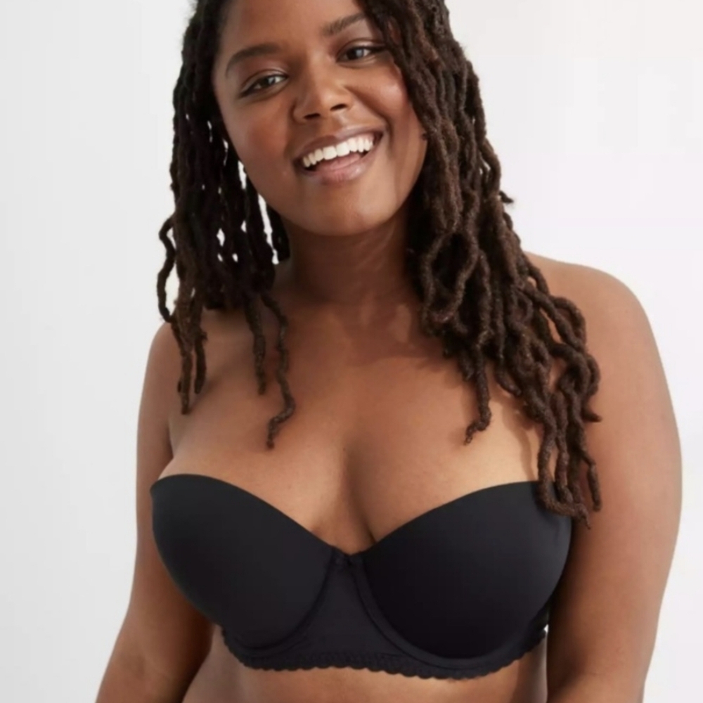 AERIE Real Happy strapless Bra 36D Black Lace Trim Underwire Support Lingerie